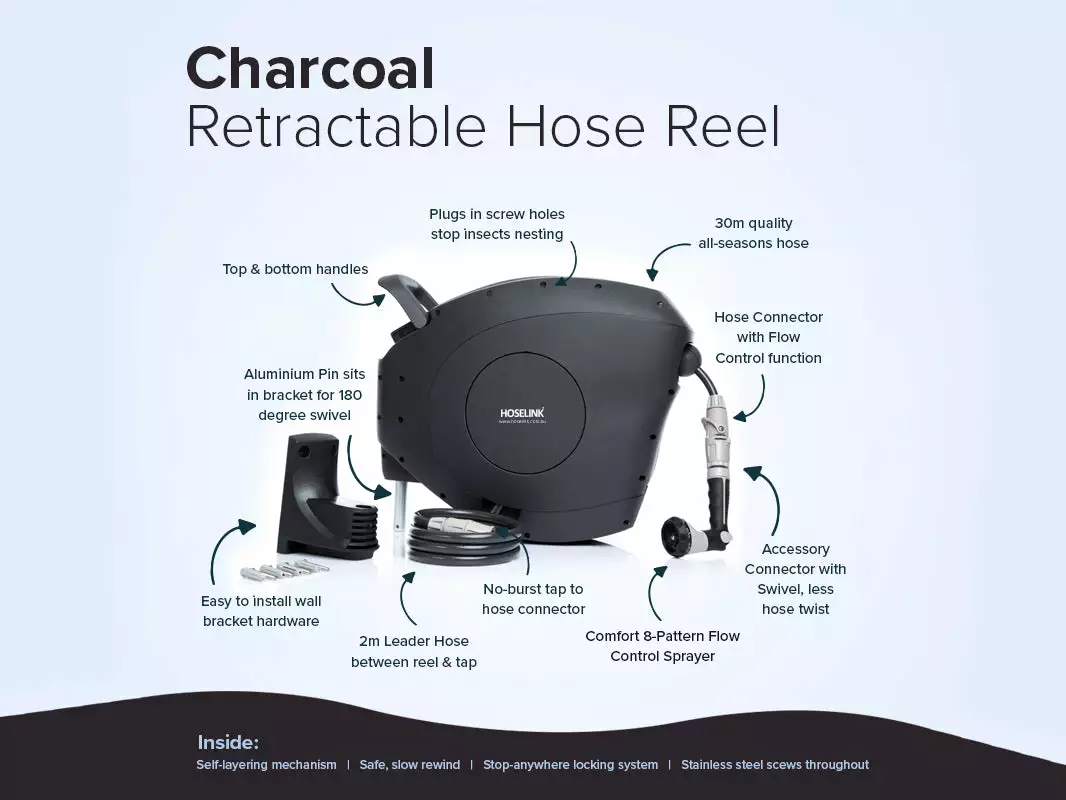 Hoselink Hoses & Sprinklers 20m Retractable Hose Reel - Charcoal 6 Hoselink Hoses & Sprinklers 20m Retractable Hose Reel - Charcoal